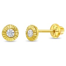 14k Yellow Gold 4mm Clear Cubic Zirconia Sunflower Screw Back Earrings for Girls