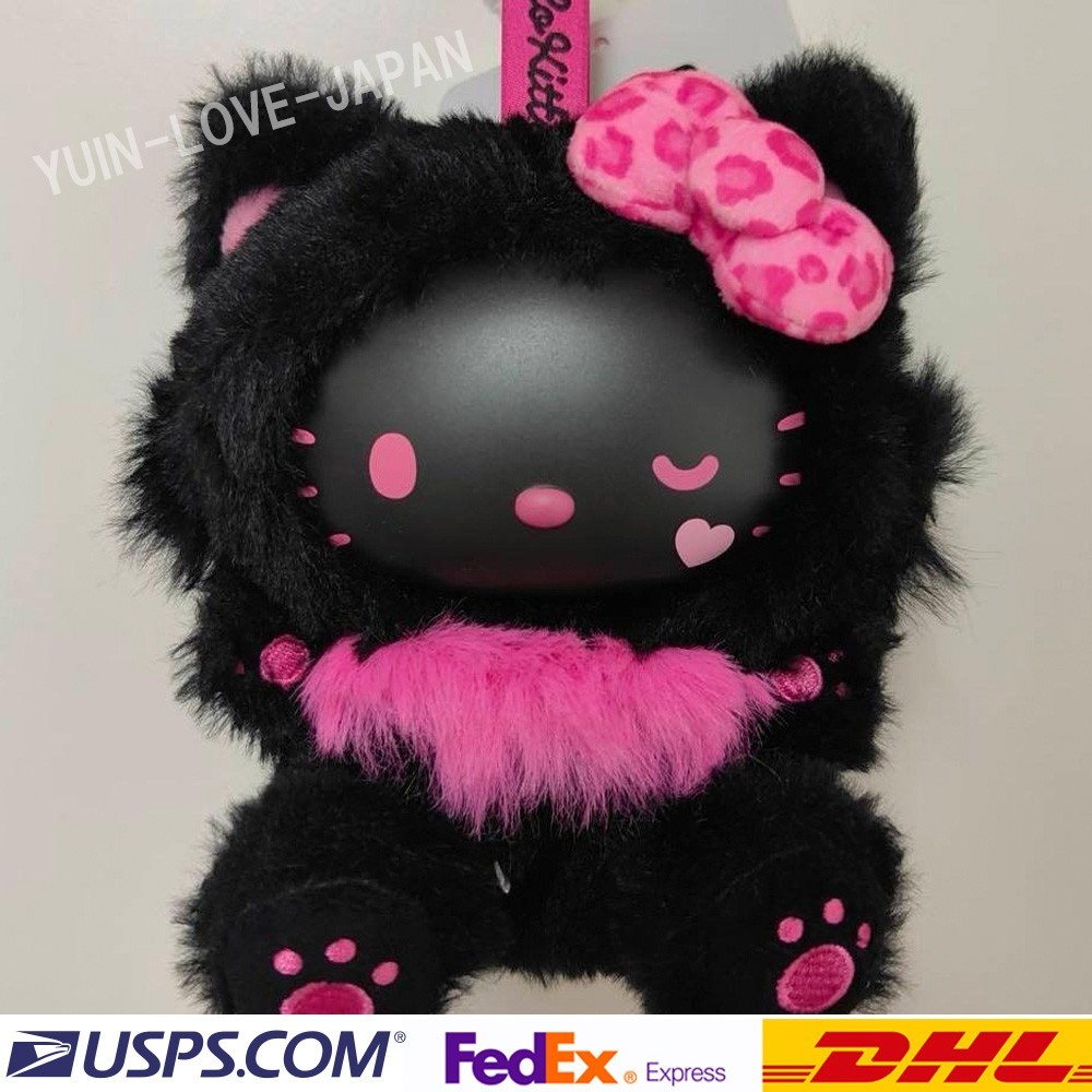 Sanrio Hello Kitty Fine Face Cat Mascot Holder Black Keychain Doll Plush NEW
