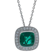 White Gold Lab-Created Emerald Diamond Halo Necklace 17 1/4" 14k Sq Cush 3.46ctw
