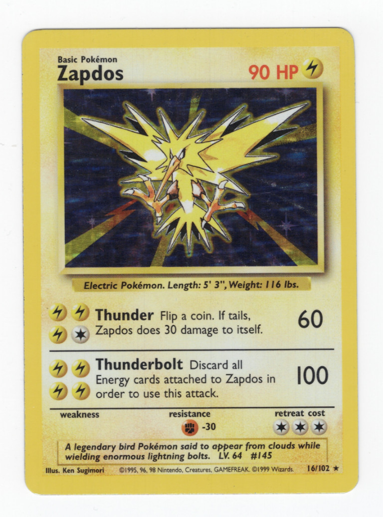 Pokémon TCG 1999 Base Set Unlimited  -- Zapdos -- Holo Rare 16/102 - LP