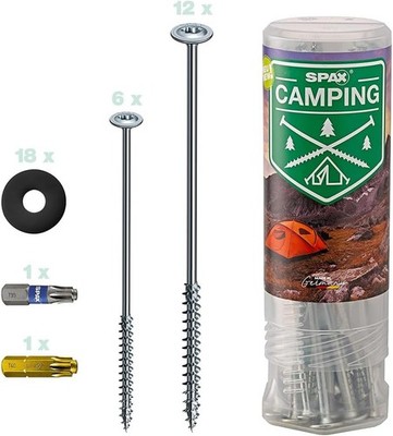SPAX Zeltschrauben Camping-Komplettset, Universal Schraubheringe 18 Stück in 