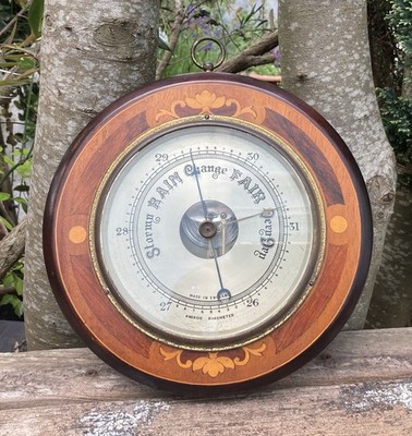 Antikes Intarsien Holz Aneroid Barometer um 1910