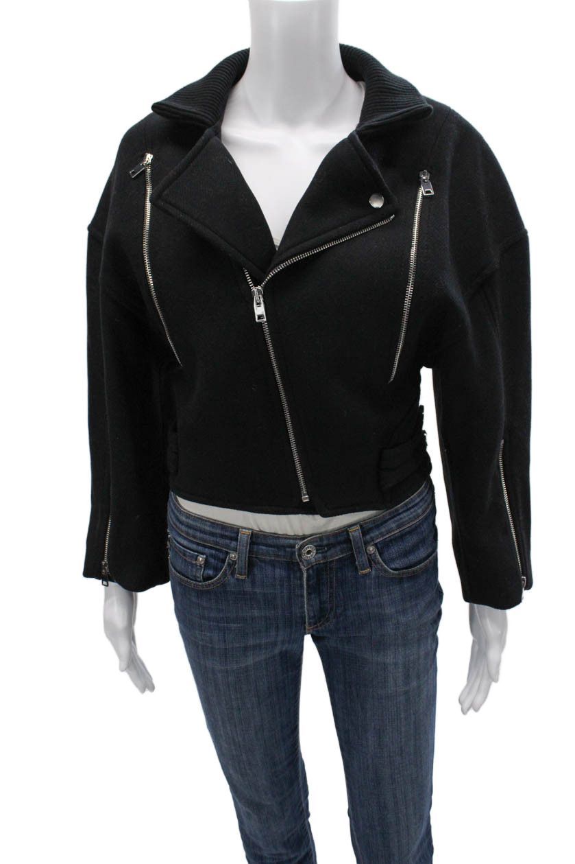 Zara Women Biker Jacket Black Viscose Zip Long Sleeve Size XSFree Shipping in US $100+ Orders | $6.95 Orders Below