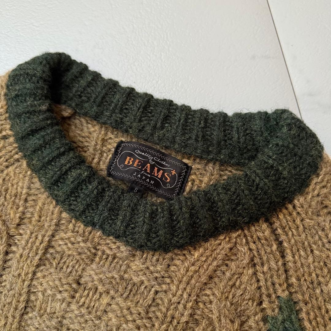 BEAMS Plus Patchwork Knit Sweater Wool Brown/Gree… - image 3