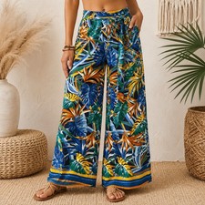 Fashion Nova Womens Tropical Palm Print Wide Leg Palazzo Pants Blue Orange M