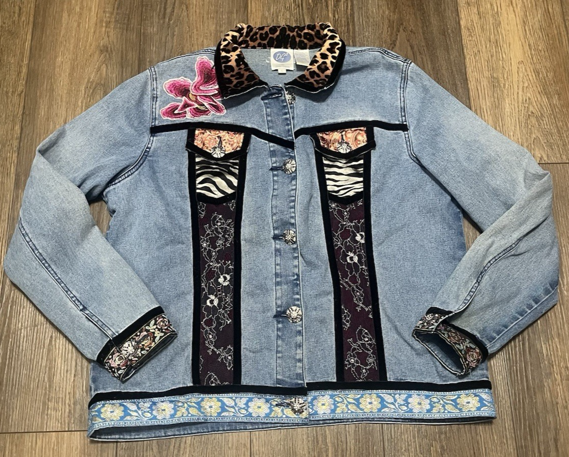 DG2 Diane Gilman Embroidered Denim Jacket Womens L Zebra Leopard Print Stretch