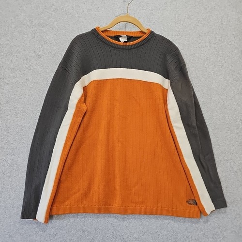 The North Face Sweater Men's 100% Wool Orange Gray Stripe Sz L