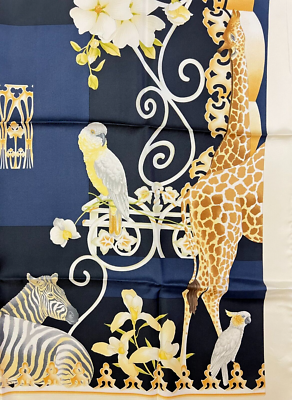 Salvatore Ferragamo 100% Silk Scarf Navy Blue Beige Leopard