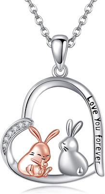 Forever Love Bunny Rabbit Heart Pendant Necklace 925 Sterling Silver Gifts Women