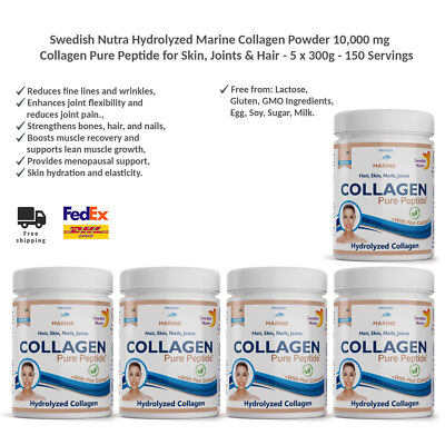 Swedish Nutra Hydrolyzed Marine Collagen Powder 10,000 mg for Skin, Joints x5