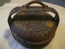 Vintage Hand-Woven Wicker Rattan 10" Round Sewing Basket With Lid In Dark Brown