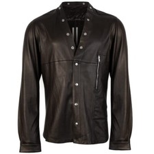 Men's Base Ball Jersey Style Shirt Real Soft Lambskin Leather Black Shirt Bluf