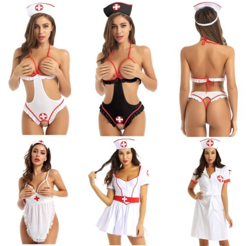 Women Sexy Lingerie Nurse Uniform Dress Adult Halloween Party Cosplay Costume - Picture 1 of 64