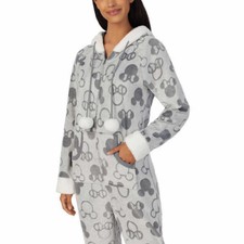Disney Mickey and Minnie Mouse One Piece Hoodie Pajama Set Women L Gray