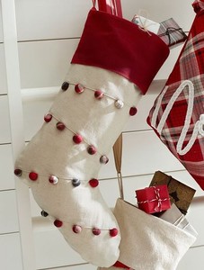 Pottery Barn Plaid Pom Poms Nostalgic Christmas Stocking Nwt No