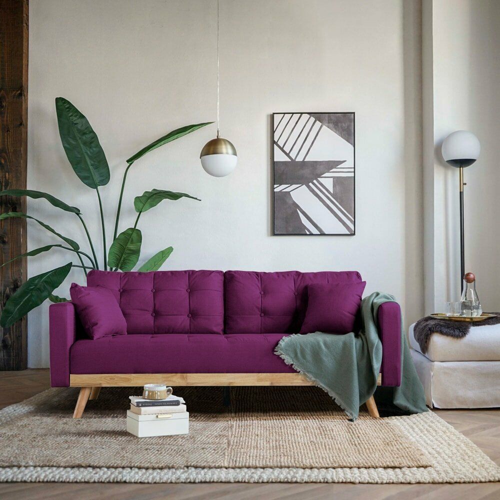 Mid Century Modern Sofa Couch with Wood Frame, Tufted Cushions, Purple