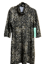 Tacera Brown Black Animal Print Sz Petite L Knit Dress 3/4 Slv Turtle Neck NWT