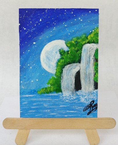 ACEO Original Acrylic Painting WATERFALL SCENERY Miniature Art Card New - Afbeelding 1 van 6