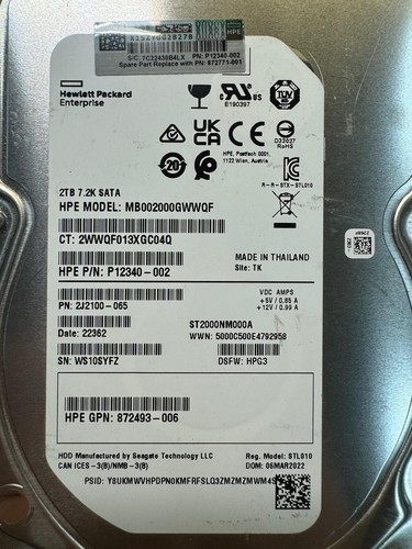 HP P12340-002 MB002000GWWQF 2J2100-065 2TB 7.2K RPM 64MB Cache 6 Gb/s SATA 3.5" - Picture 2 of 7