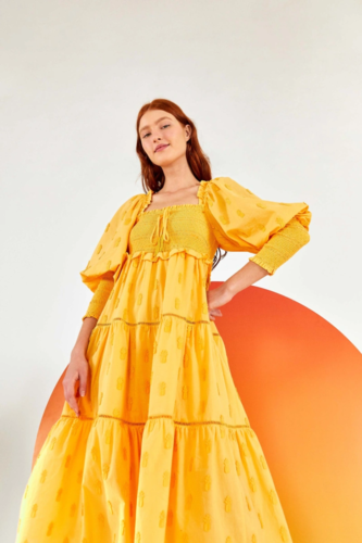 Farm Rio M Medium Yellow 3D Pineapple Midi Womens Dress Cotton Smocked Tassel