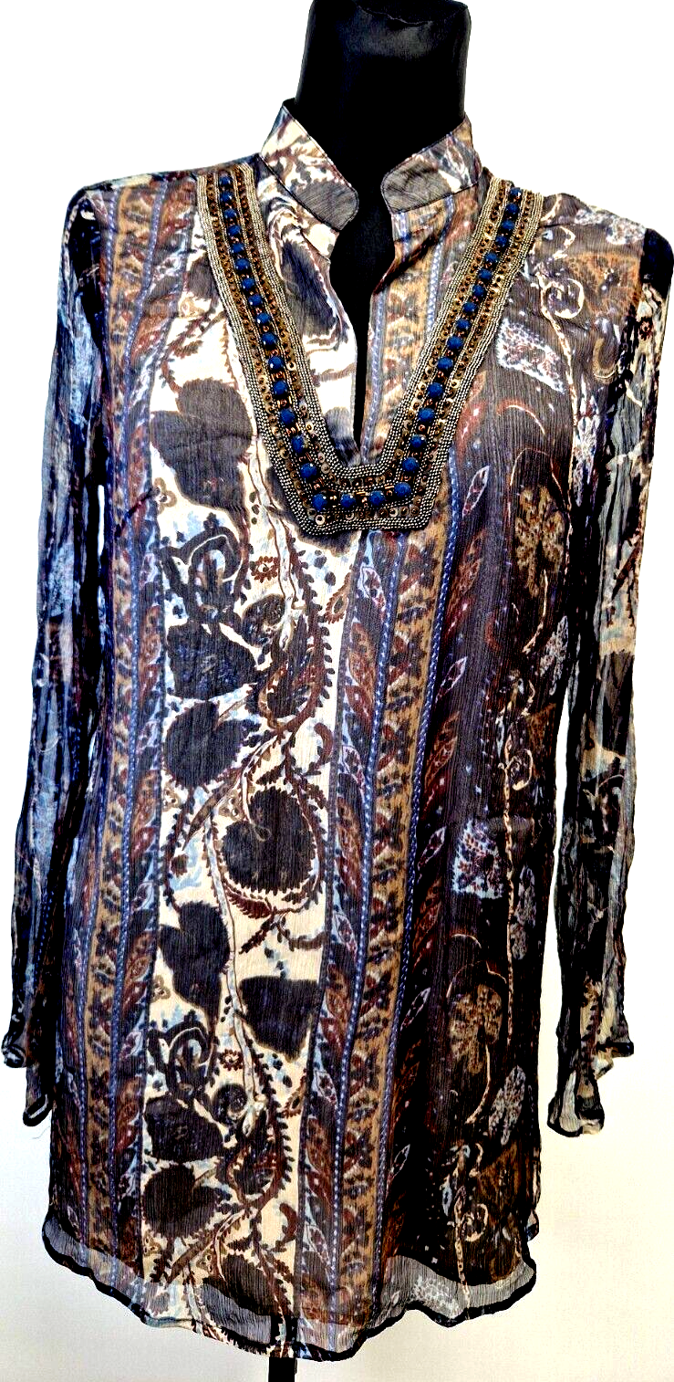 SILK & Co 100% silk chiffon blouse with paisley print and embellishments size M style 17