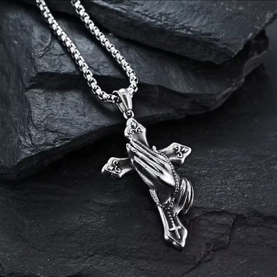 Stainless Steel Praying Hand Pendant Necklace - Cross Chain Fashion for Men