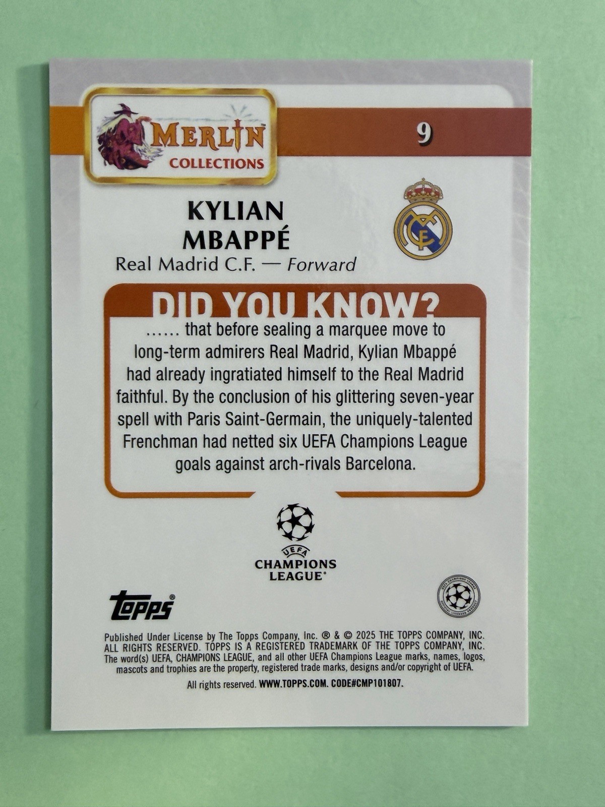 2025 Topps Merlin UEFA #9 Kylian Mbappe Atomic Refractor 3/10 view 3