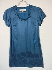 Lela Rose Womens Silk Floral Textured Short Sleeved Scoop Neck Dress Blue Size 4