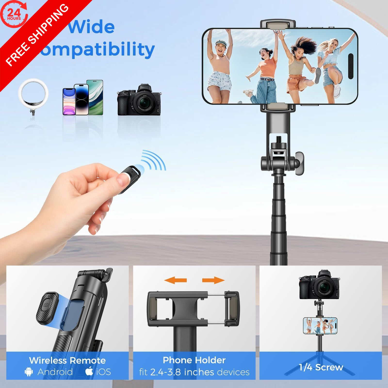 Selfie Stick Tripod for Phone with Remote Control & Holder, 50 50 Inch ...