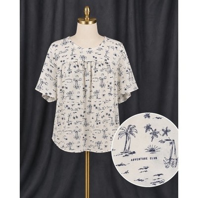 Denim & Co. Scenic Print Short Sleeve Crew Neck Blouse 3X Ivory Navy Tropical