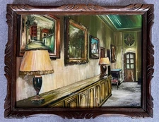 Ancien tableau scène d’intérieur portrait maison atelier peinture art moderne XX