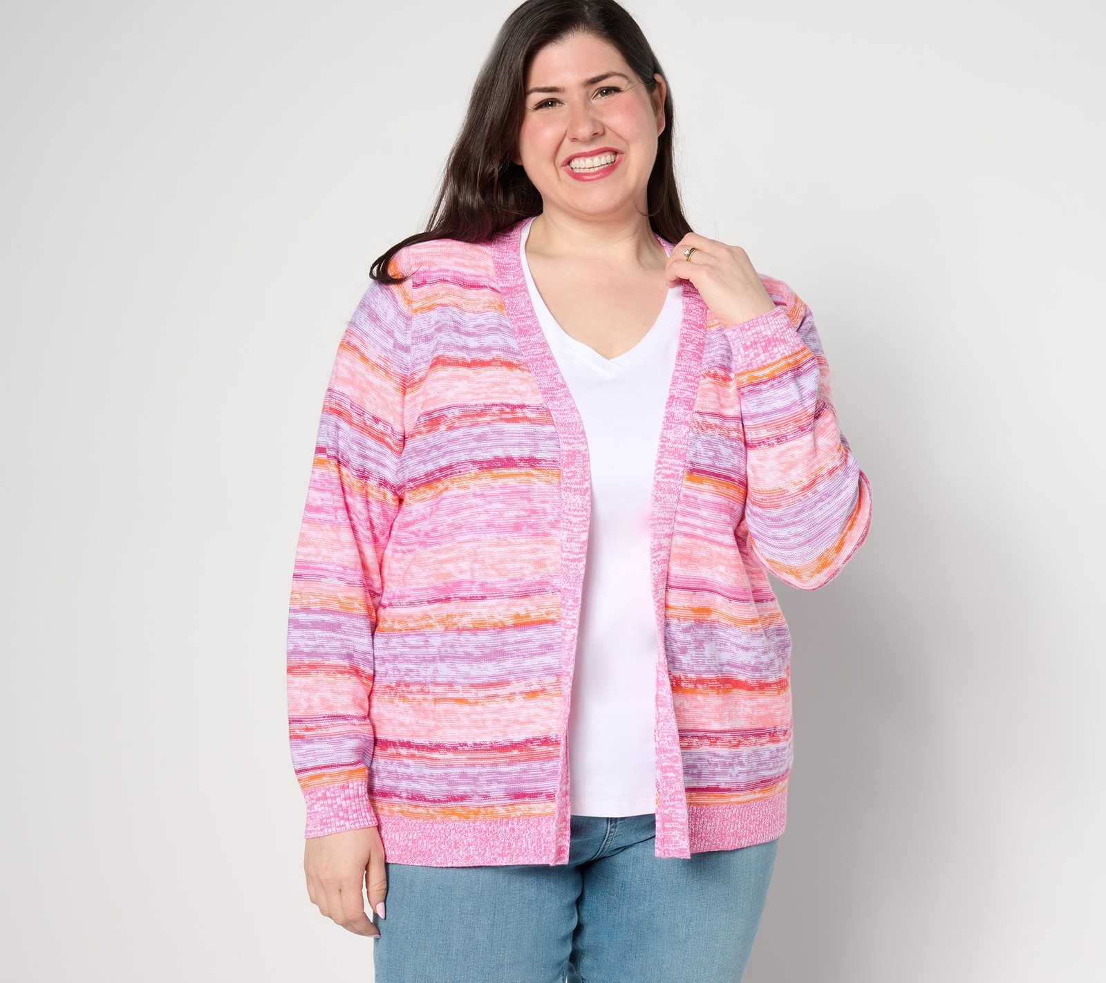 Denim & Co. Women's Top Sweater Sz XS Marled Stripe Long Sleeve Pink A647734