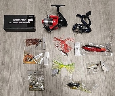 Fishing Bundle 2 Spinning Reels Multitool 8 Bass New Lures
