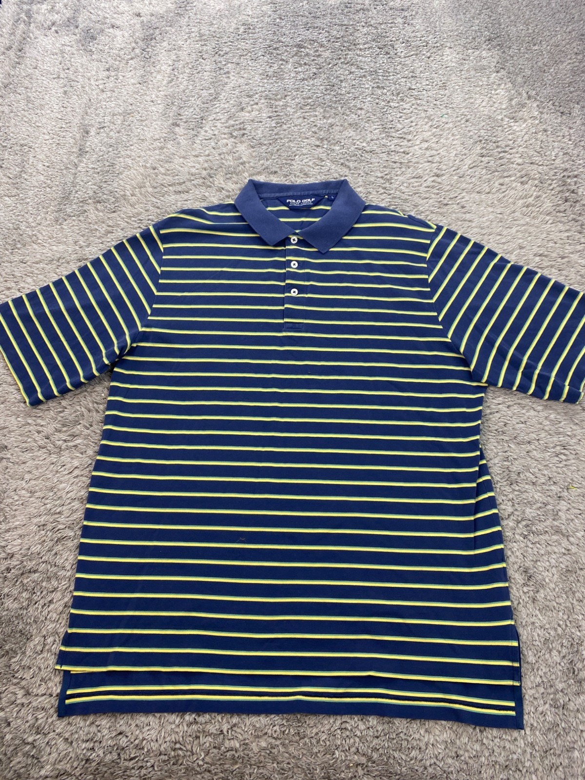 Polo Ralph Lauren Shirt Men Large Blue Neon Yellow Striped Pima Cotton Golf Polo