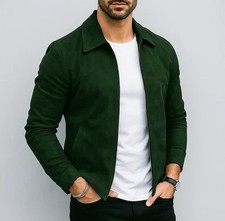 Men's Suede Leather Jacket Biker green Casual Real Sheepskin Suede Shirt Jackets