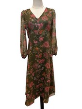 NWT Talbots Olive Green Floral Midi Sz 4P Sheer Long Sleeve Cottage Whimsigoth