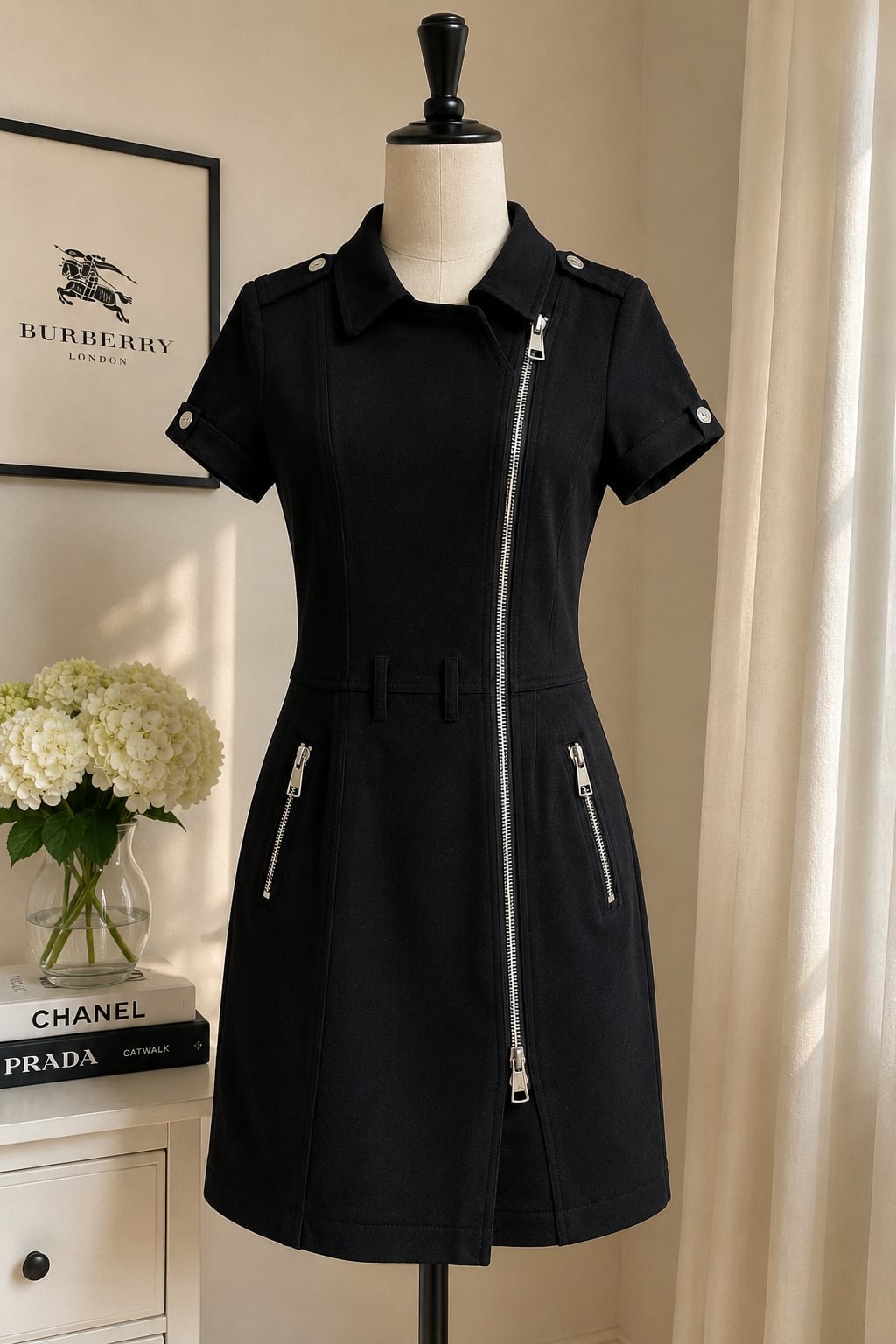 Burberry Brit Black Zip Front Polo Dress | Designer Moto Style | UK 10 / US 6