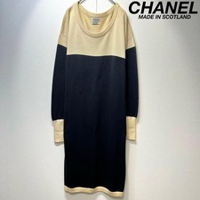 CHANEL Long Sleeve Knit Dress Women Ivory Black Vintage Genuine