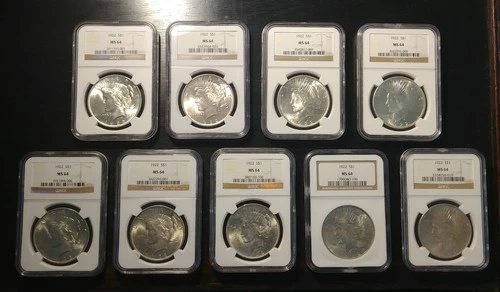 Lot of NINE 1922 Philadelphia Silver Peace Dollars All NGC Certified MS64
