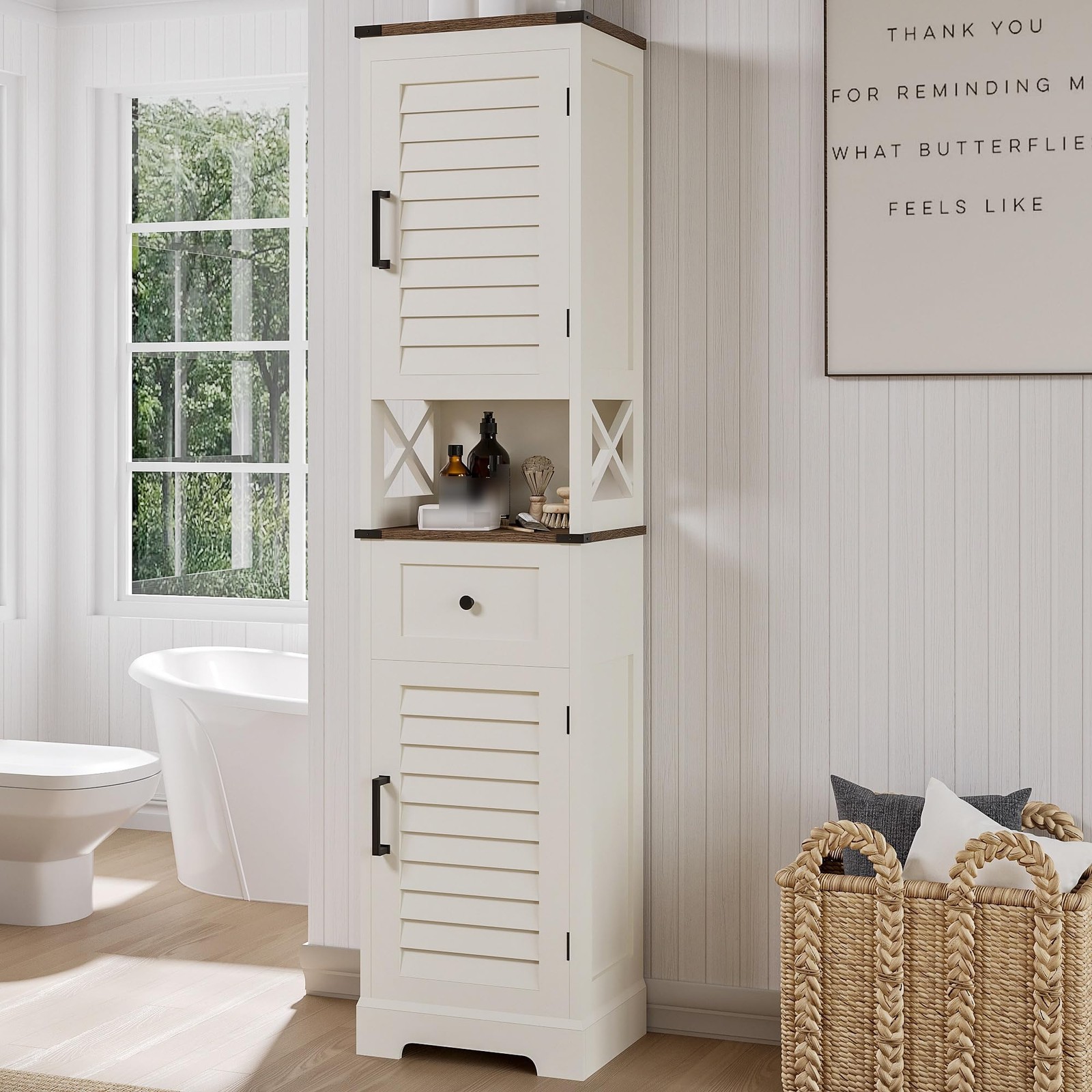 ChooChoo Farmhouse Tall Bathroom Storage Cabinet with Door and Adjustable Shelves