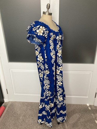 Jade Fashions Hawaiian Dress Blue Floral Tropical Midi Aloha Luau Size Medium - Picture 4 of 8