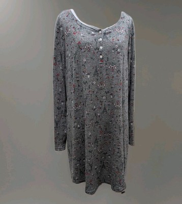 Laura Ashley Gray Eiffel Tower Dachshund Henley Nightgown Pajama Dress XL