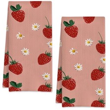 Strawberry with Flowers Hand Towels Bathroom Set 2 16x24 Inch Waffle Soft