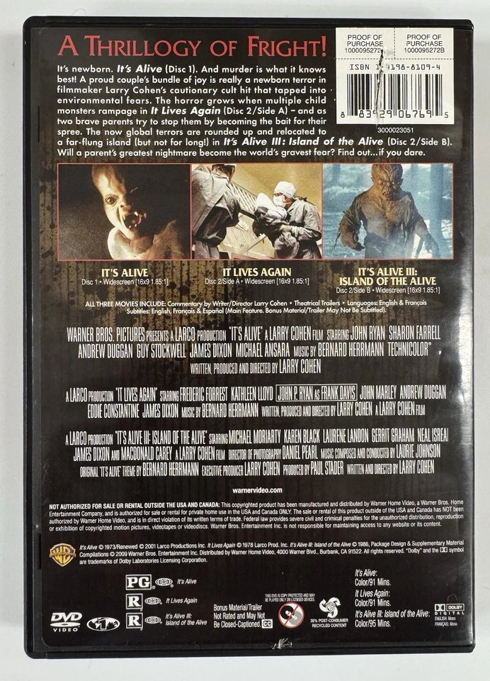IT'S ALIVE COLLECTION DVD/IT'S ALIVE/IT LIVES AGAIN/ISLAND OF THE ALIVE - Image 2 of 2