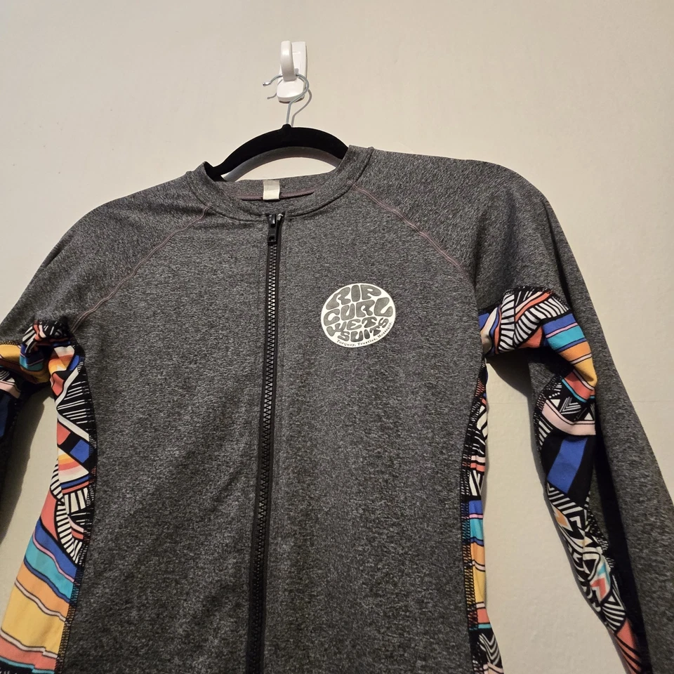 Rip Curl Classic Surf UV Rashguard Women MED Long Sleeve Front Zip Gray Colorful - Image 3 of 4