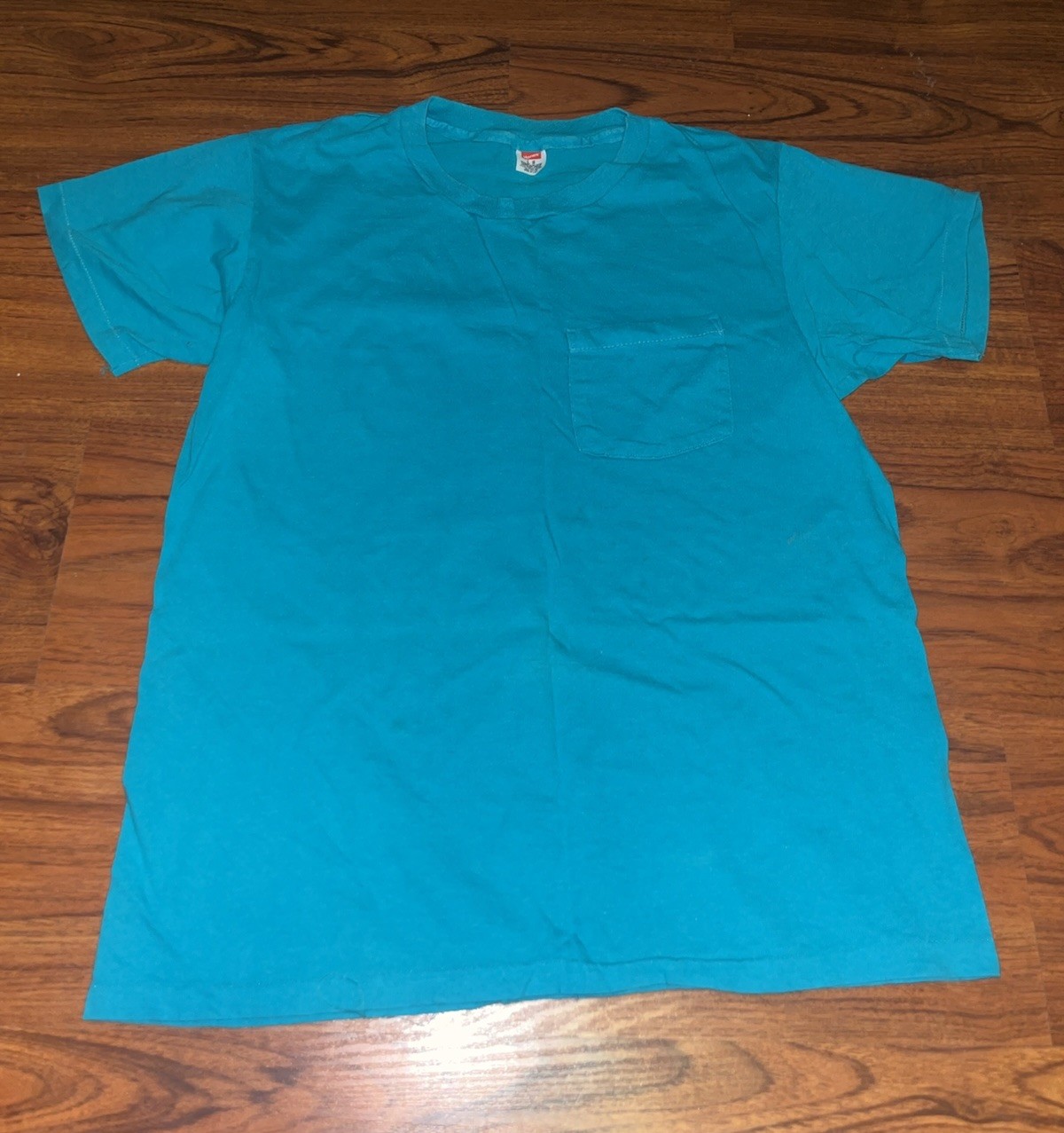 Vintage 1970s Hanes Pocket Tee Blank Blue Single Stitch Sz Large