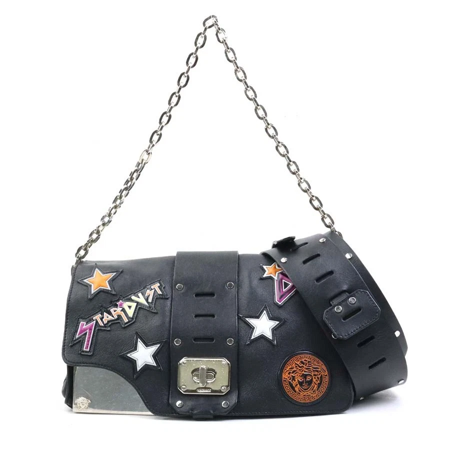 Versace — Auth VERSACE 2 Way Bag Shoulder Bag Black/Multicolor Leather/Silvertone e60735a
