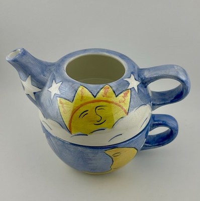 Natural Wonders : Shiny Glazed Sun & Moon Tea Pot & Matching Cup Mug Set