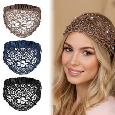 Tucnoeu 3Pcs Boho-Chic Crystal  Pearl Embellished Wide Headbands, Wide Boho Pea