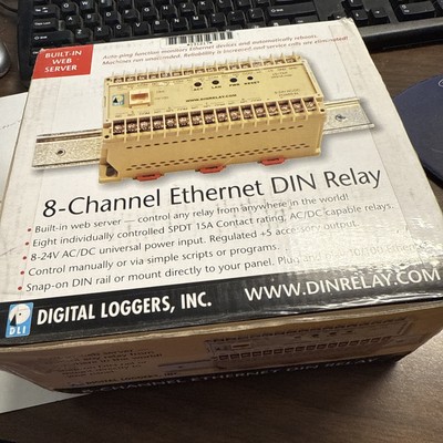 Digital Loggers DIN rail Relay 8 channel 10/100 ethernet 9-24v ac/dc power SPDT